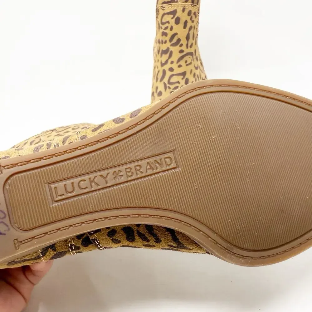 Lucky Brand Wedge Ankle Boots 6.5M Leopard Suede Leather Safari Pull On Mob Wife